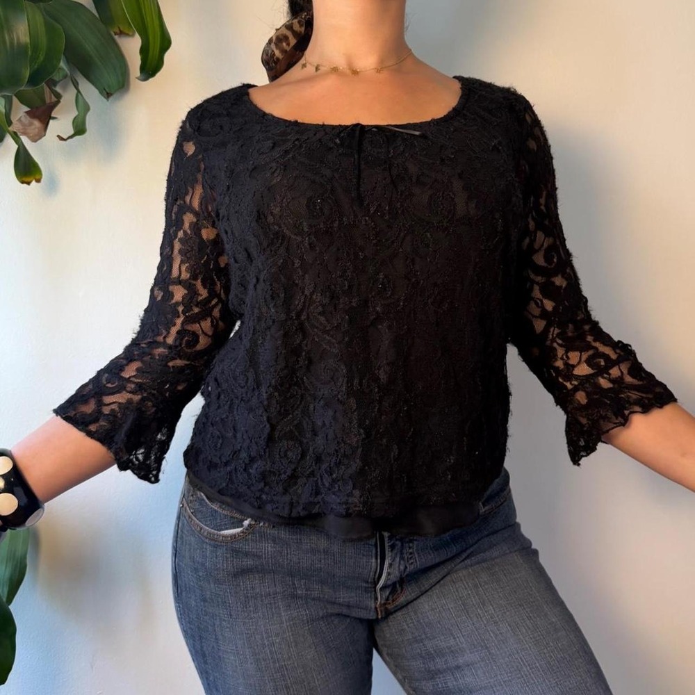 Notations Vintage Black Lace Whimsygoth Bell Sleeve Top Large Made in USA